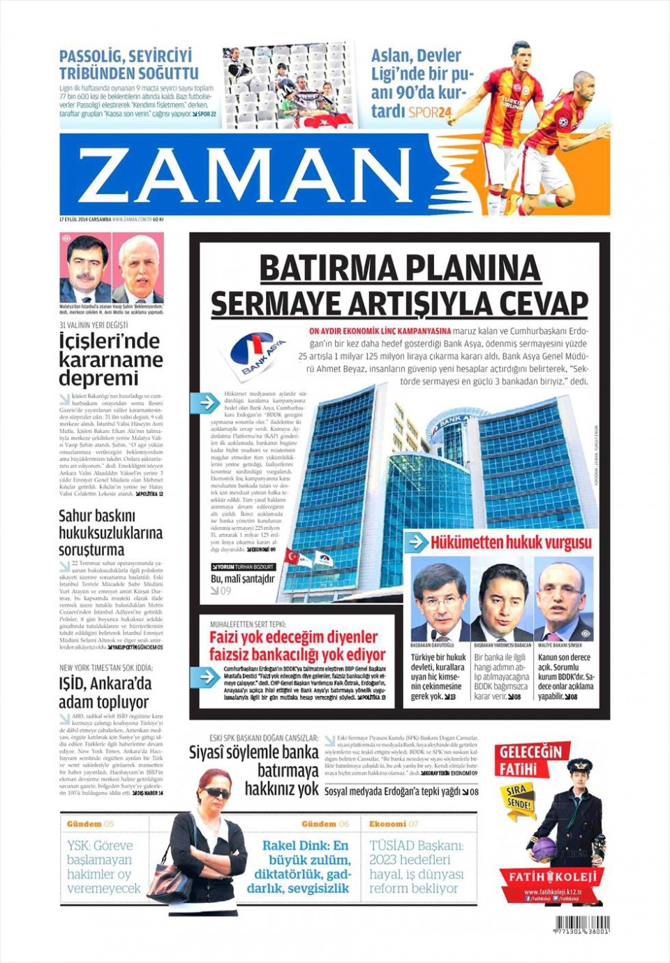 17 Eylül 2014 gazete manşetleri 24
