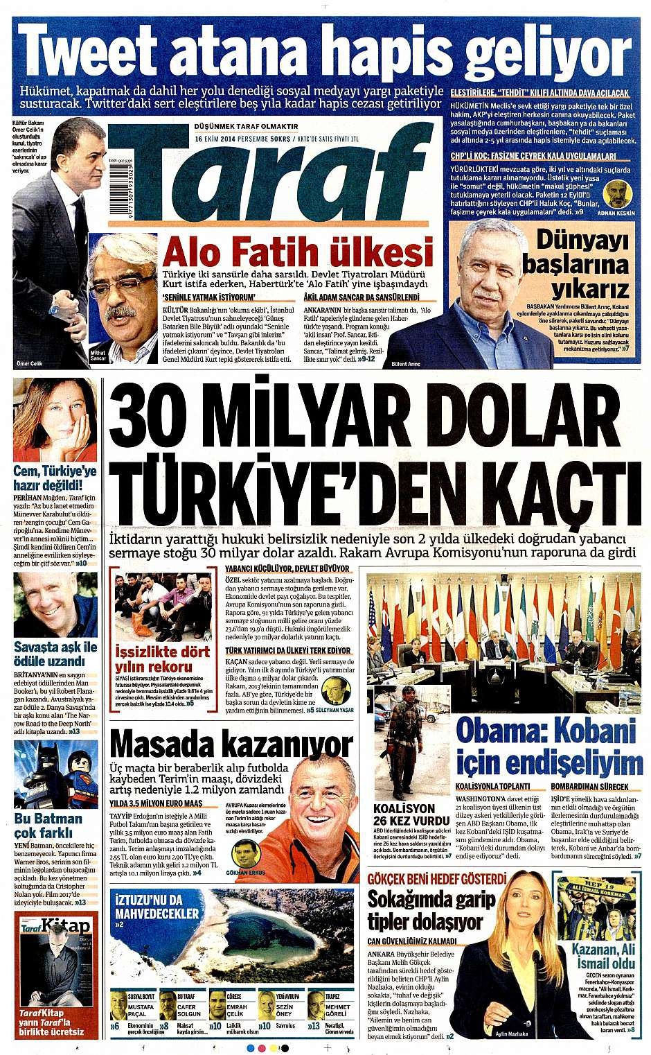 16 Ekim 2014 gazete manşetleri 6