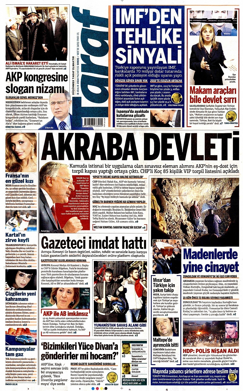 8 Aralık 2014 gazete manşetleri 7