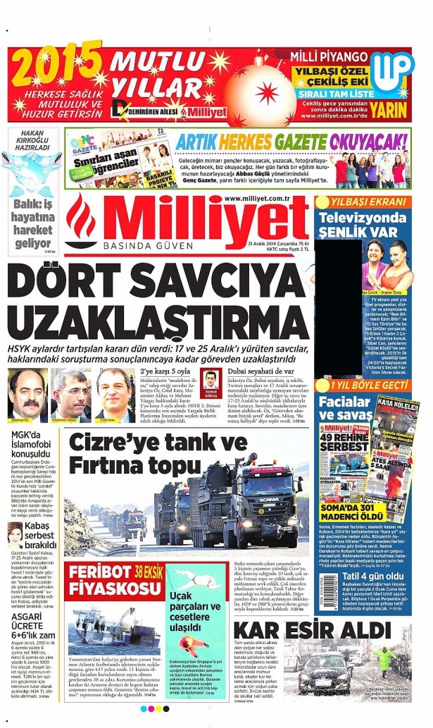 31 Aralık 2014 gazete manşetleri 1