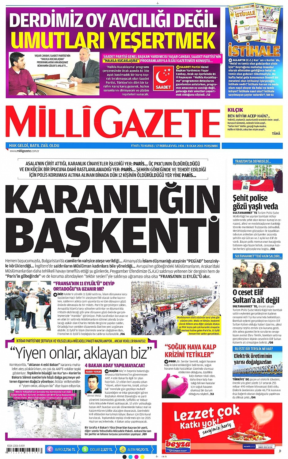 8 Ocak 2015 gazete manşetleri 15