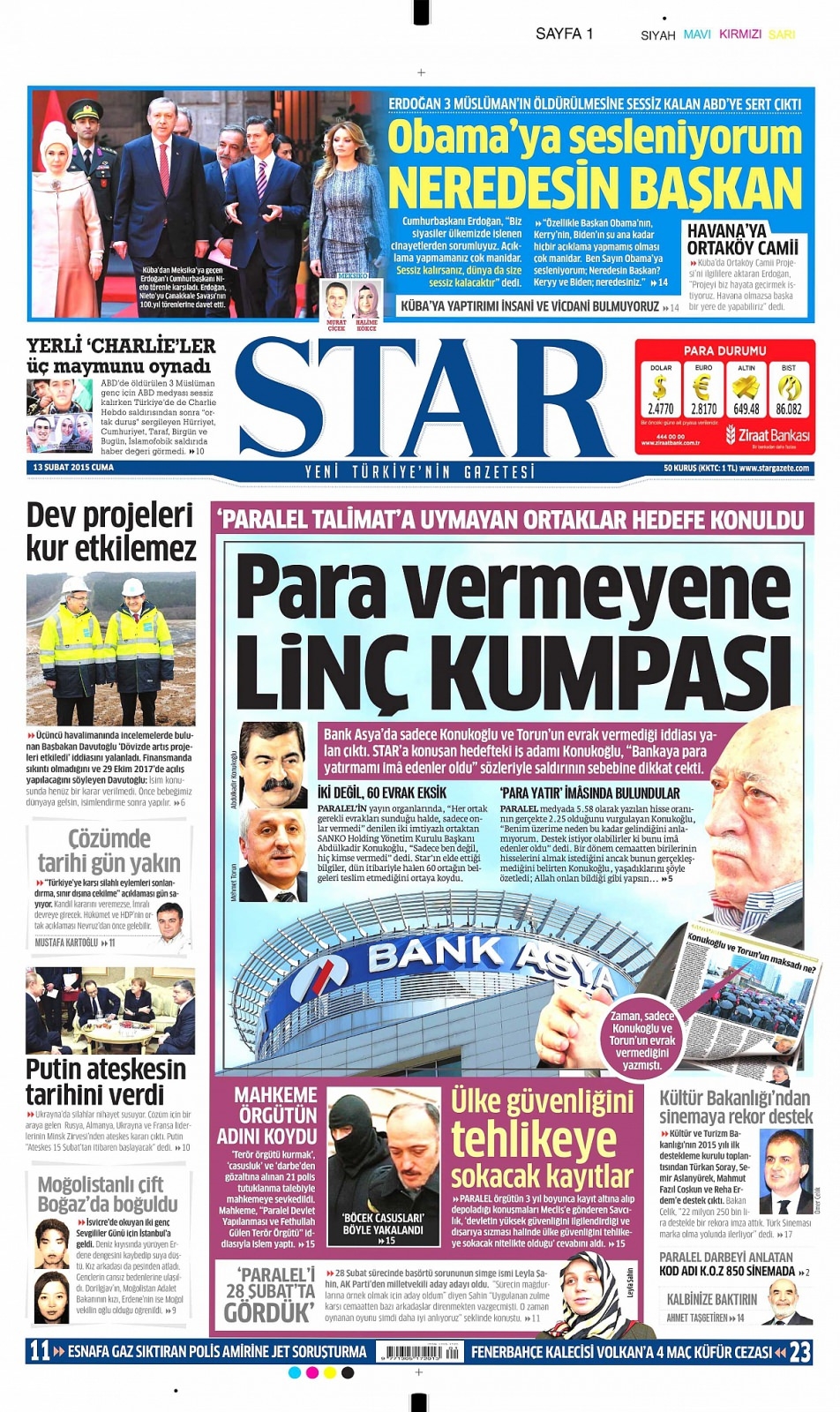 13 Şubat 2015 gazete manşetleri 12
