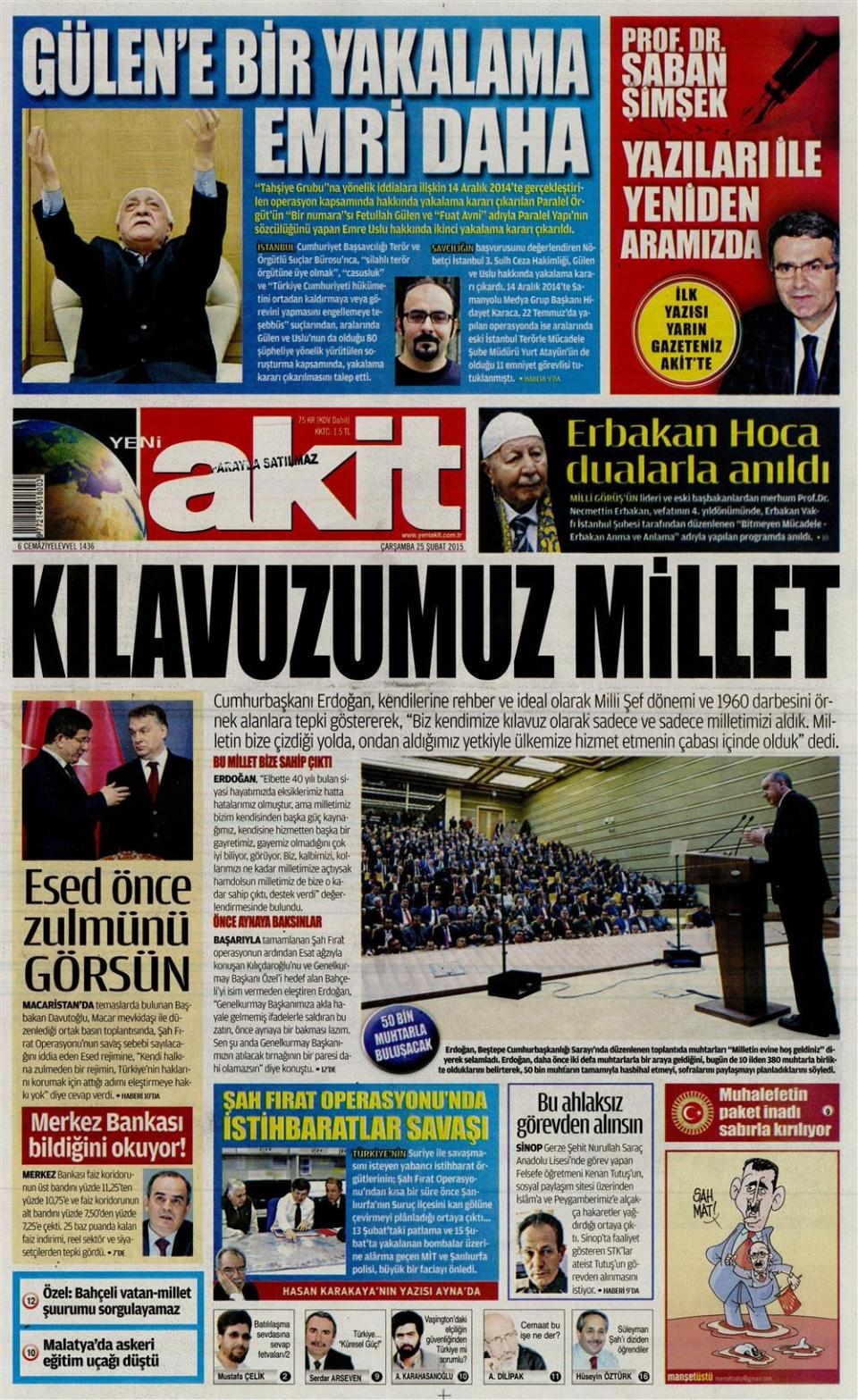 25 Şubat 2015 gazete manşetleri 16