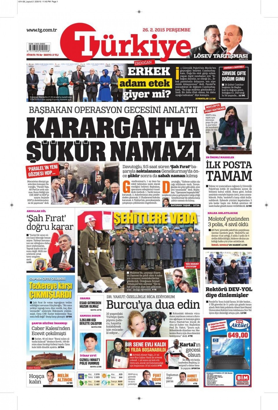 26 Şubat 2015 gazete manşetleri 16