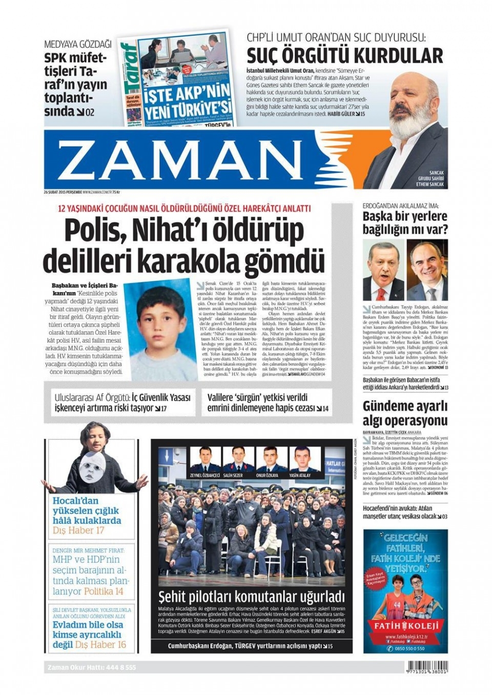 26 Şubat 2015 gazete manşetleri 22