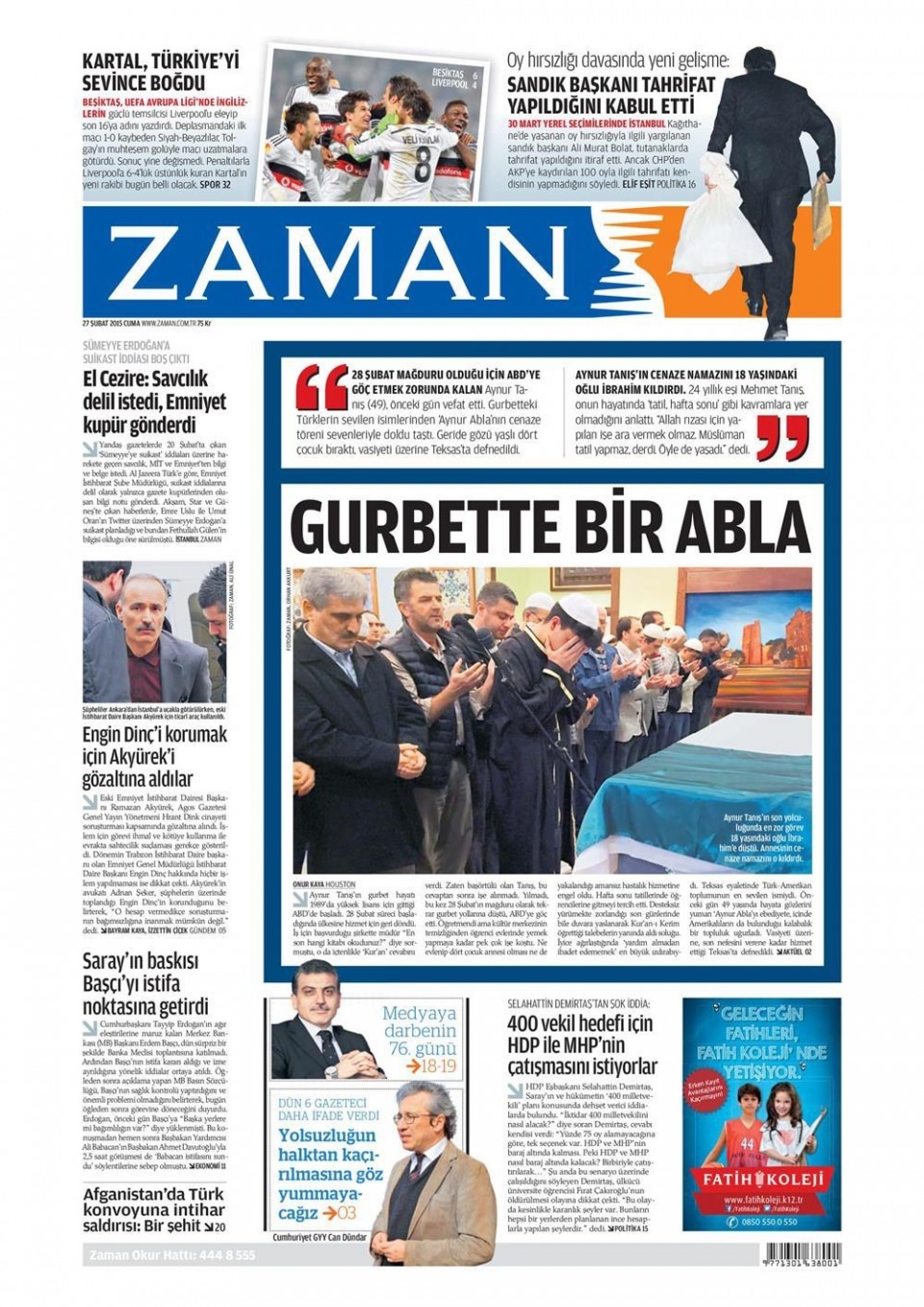 27 Şubat 2015 gazete manşetleri 25