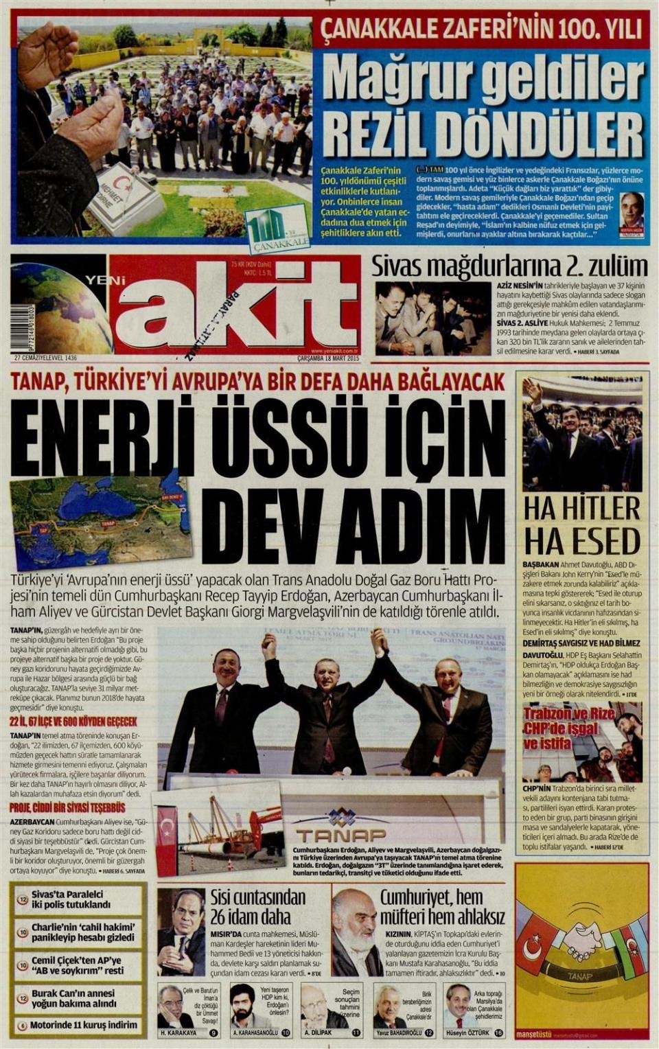 18 Mart 2015 gazete manşetleri 18