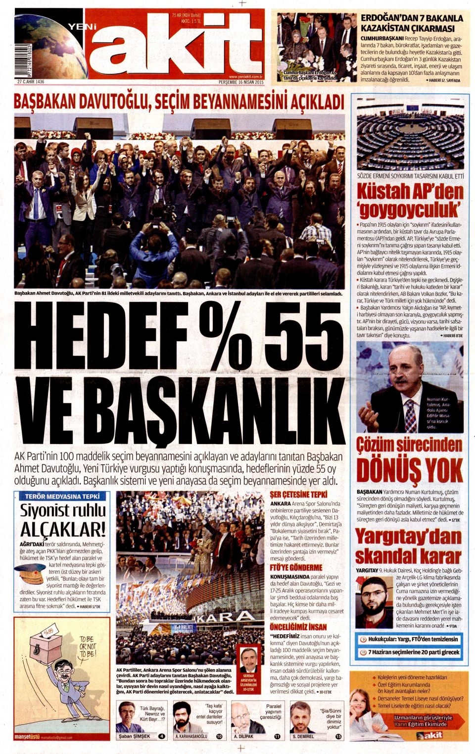 16 Nisan 2015 gazete manşetleri 17