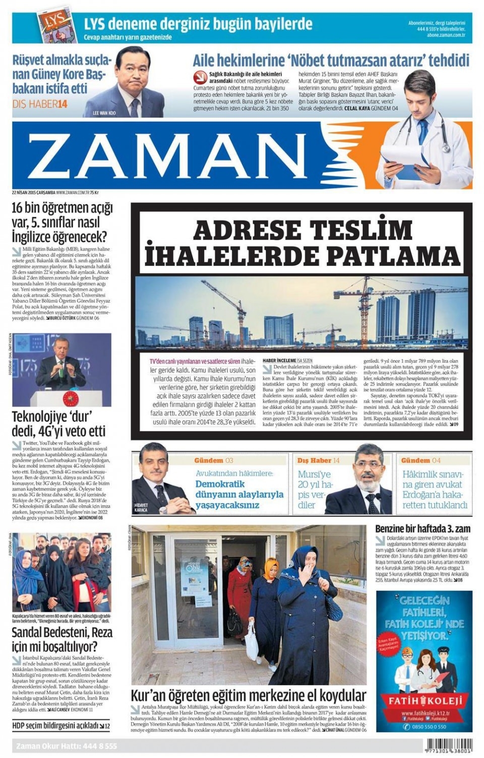 22 Nisan 2015 gazete manşetleri 22