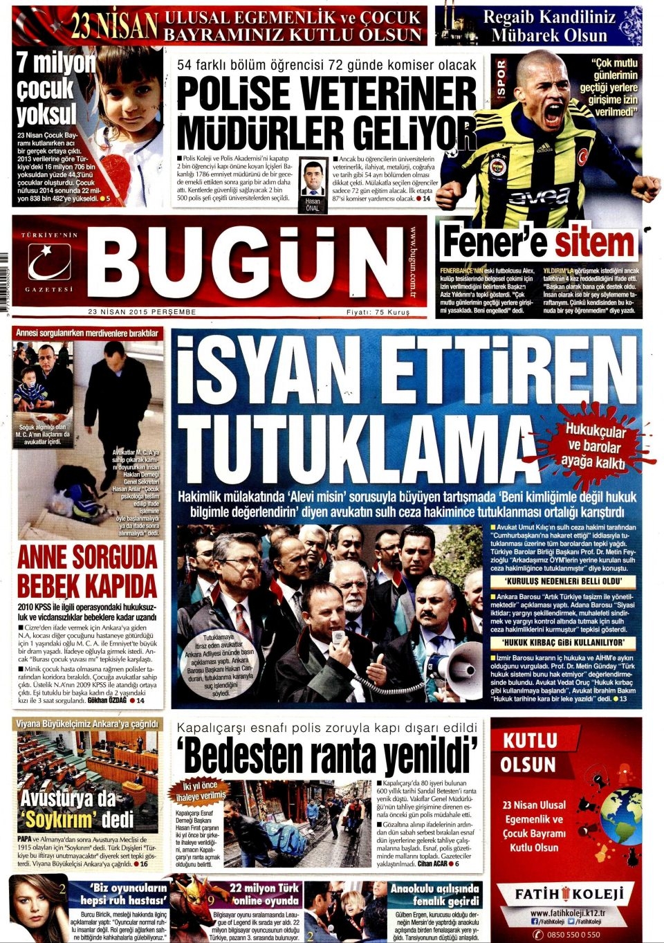 23 Nisan 2015 gazete manşetleri 23