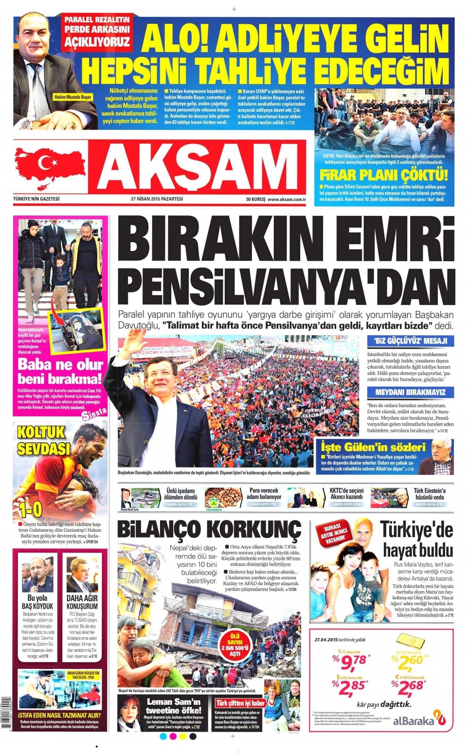 27 Nisan 2015 gazete manşetleri 1
