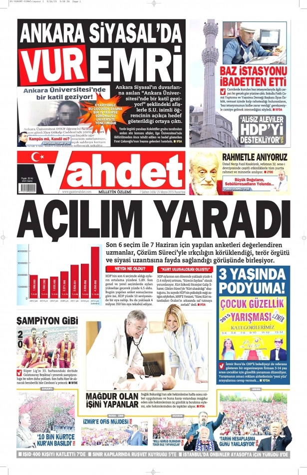25 Mayıs 2015 gazete manşetleri 26
