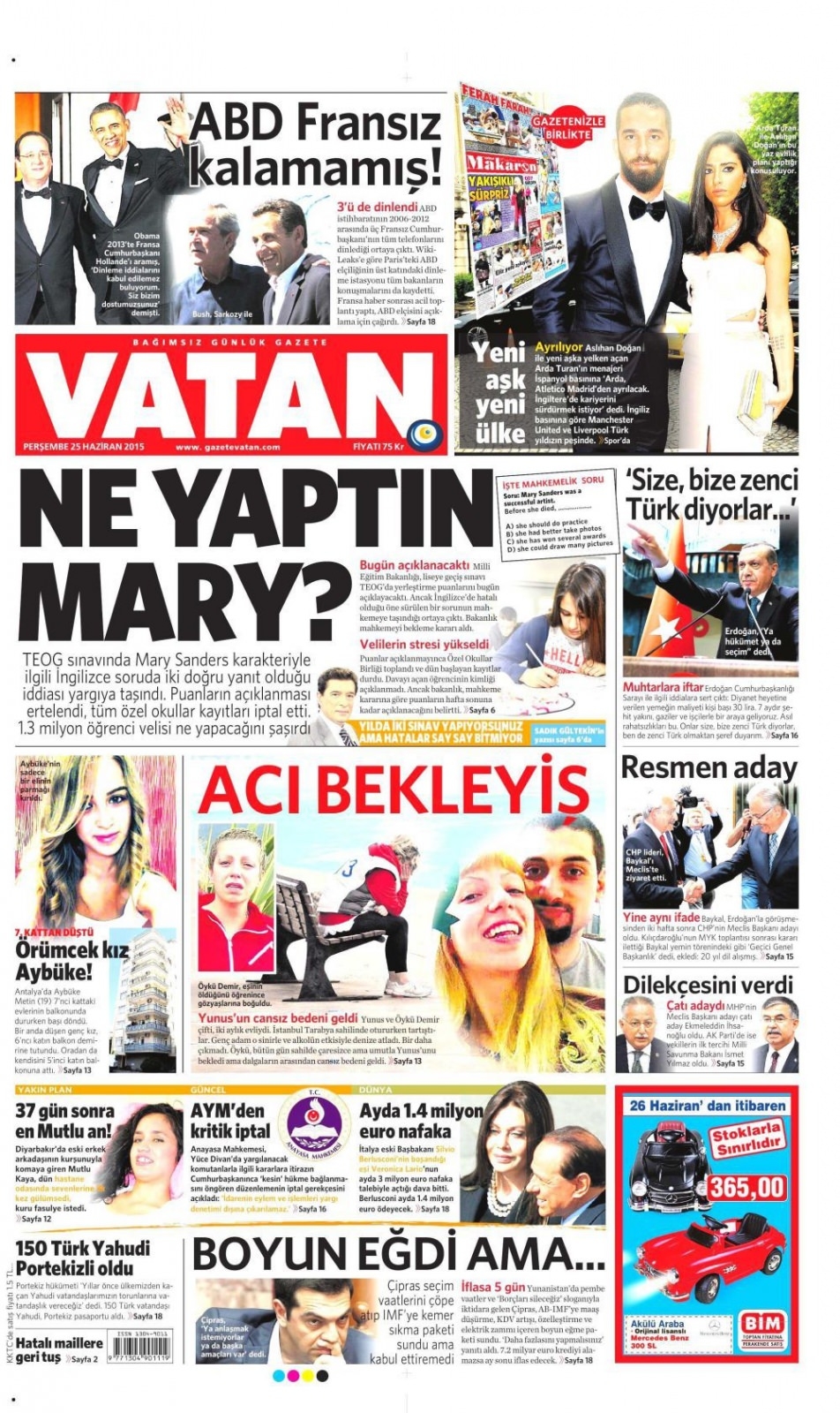 25 Haziran 2015 gazete manşetleri 25