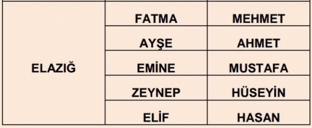 İllere göre en çok kullanılan isimler 23