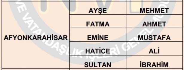 İllere göre en çok kullanılan isimler 24