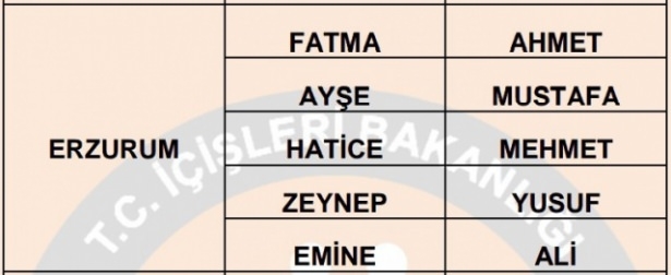 İllere göre en çok kullanılan isimler 26