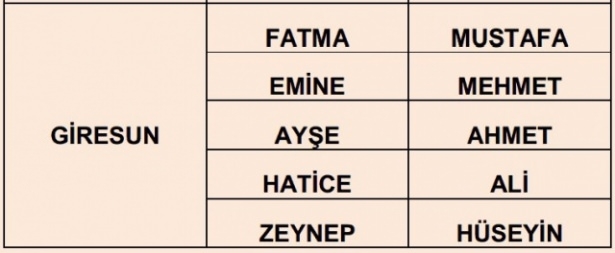 İllere göre en çok kullanılan isimler 29