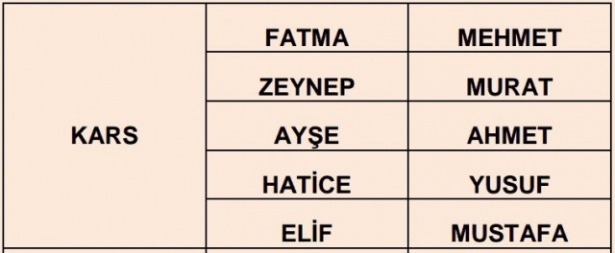 İllere göre en çok kullanılan isimler 41