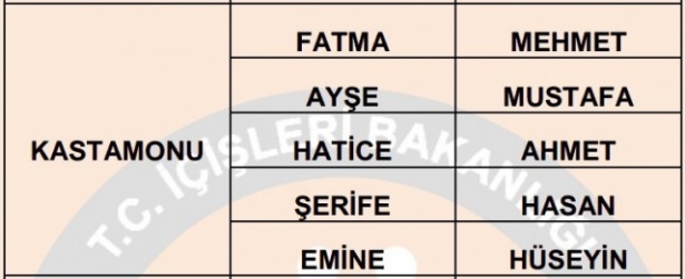 İllere göre en çok kullanılan isimler 42