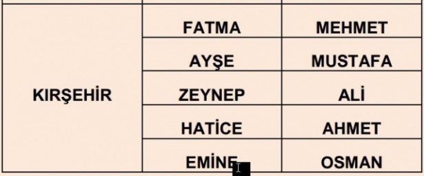 İllere göre en çok kullanılan isimler 51