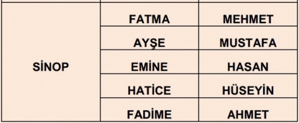 İllere göre en çok kullanılan isimler 67