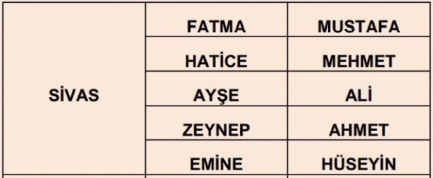 İllere göre en çok kullanılan isimler 69