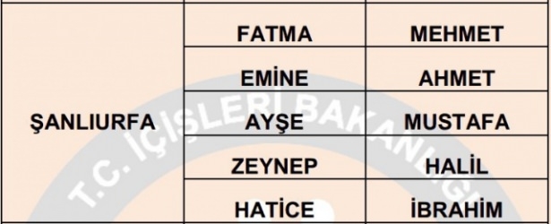 İllere göre en çok kullanılan isimler 70