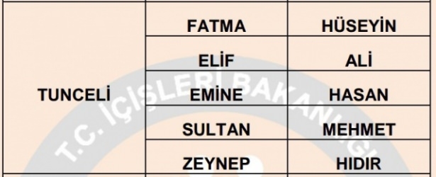 İllere göre en çok kullanılan isimler 75