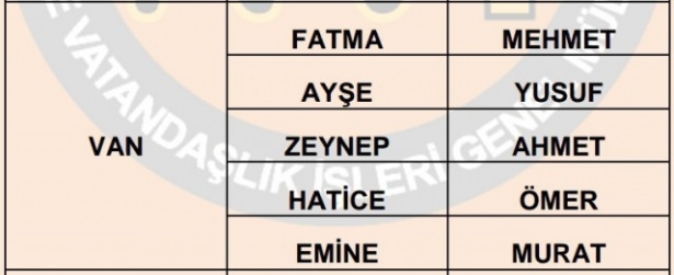 İllere göre en çok kullanılan isimler 77