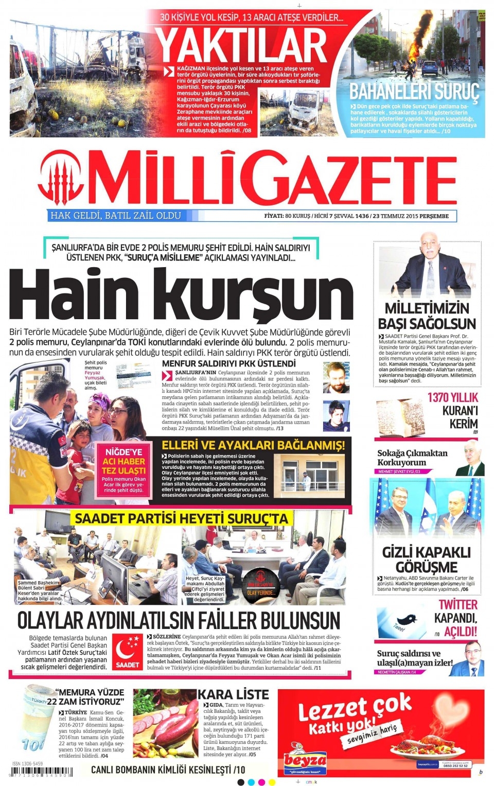 23 Temmuz 2015 gazete manşetleri 12