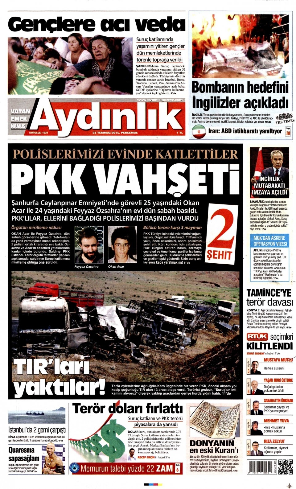 23 Temmuz 2015 gazete manşetleri 2