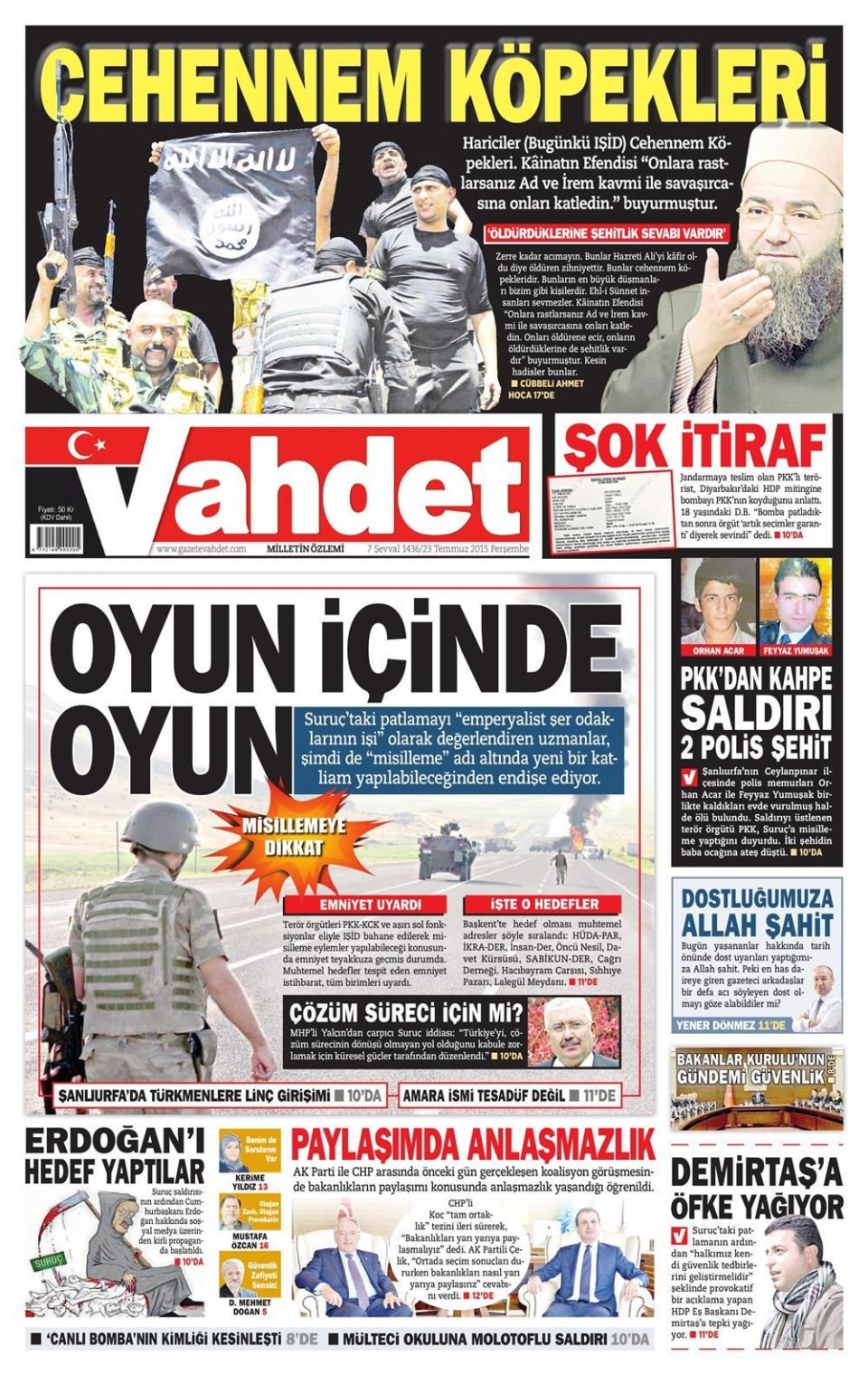 23 Temmuz 2015 gazete manşetleri 23