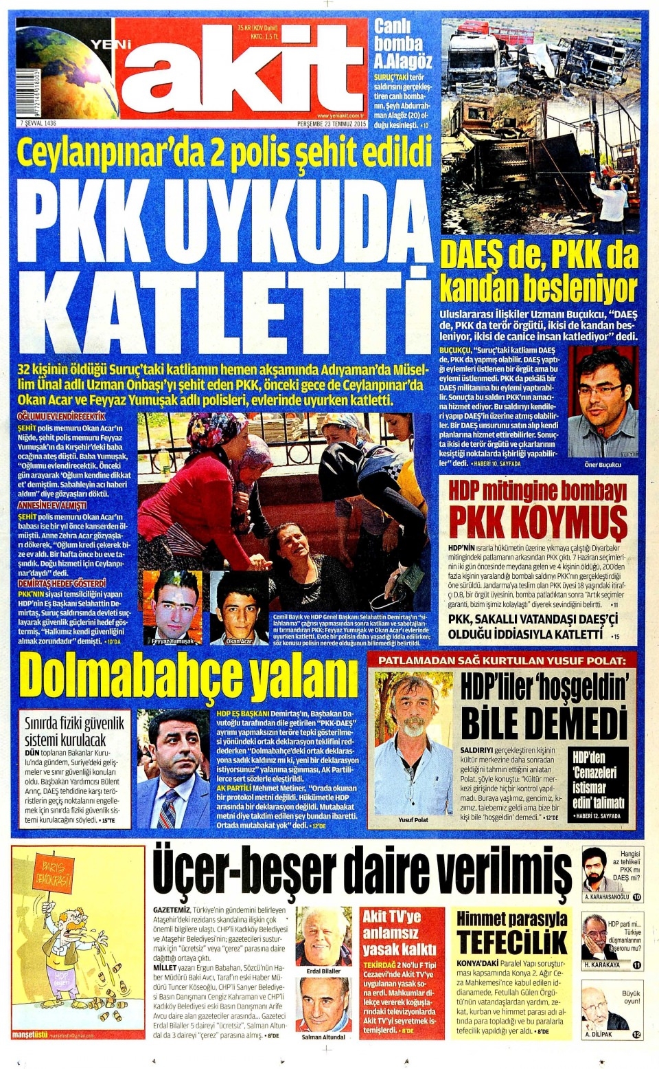 23 Temmuz 2015 gazete manşetleri 24