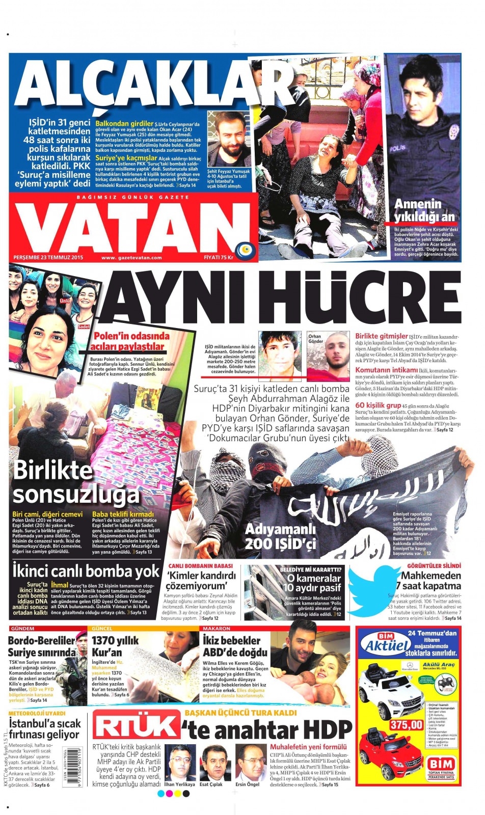 23 Temmuz 2015 gazete manşetleri 25