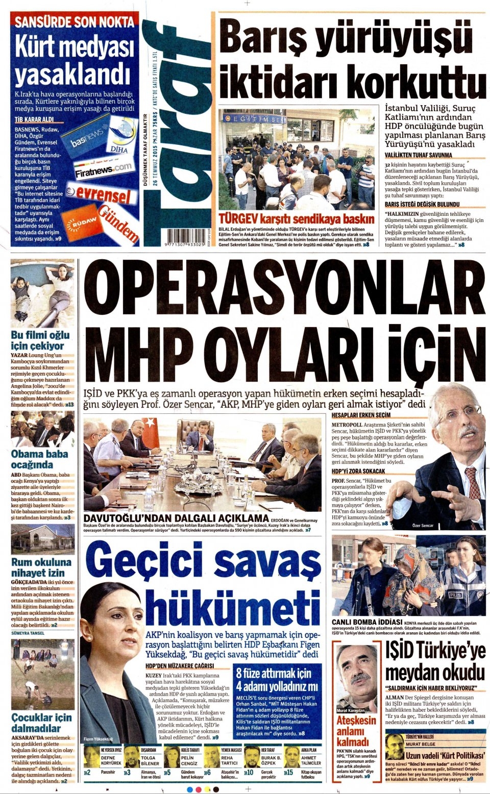 26 Temmuz 2015 gazete manşetleri 20