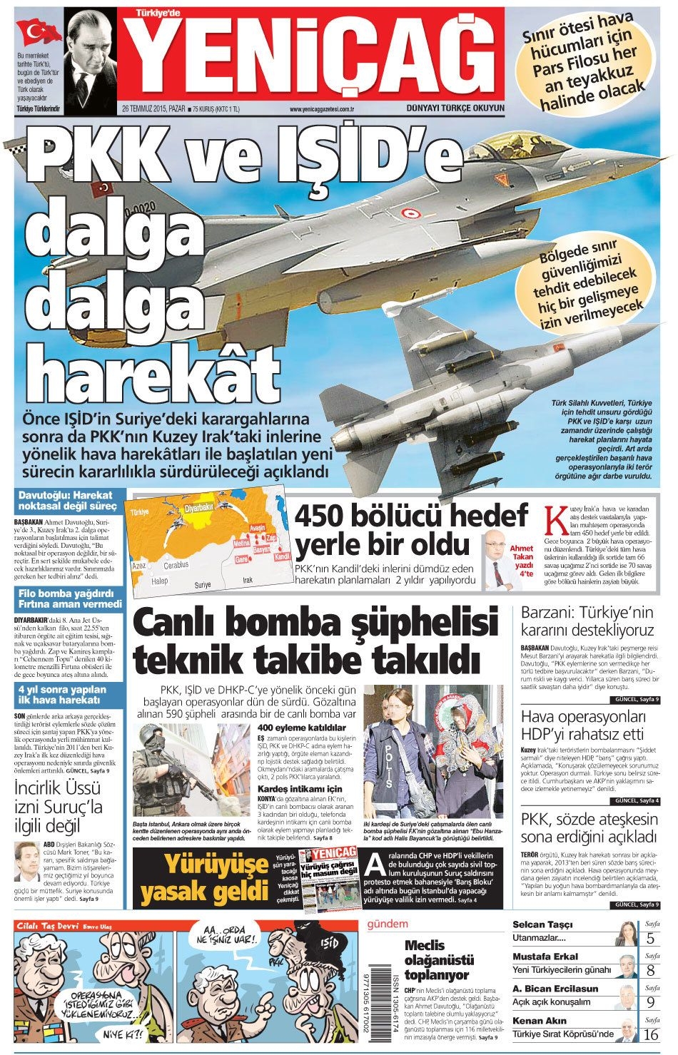 26 Temmuz 2015 gazete manşetleri 26