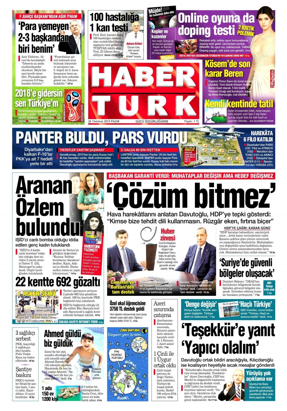 26 Temmuz 2015 gazete manşetleri 8