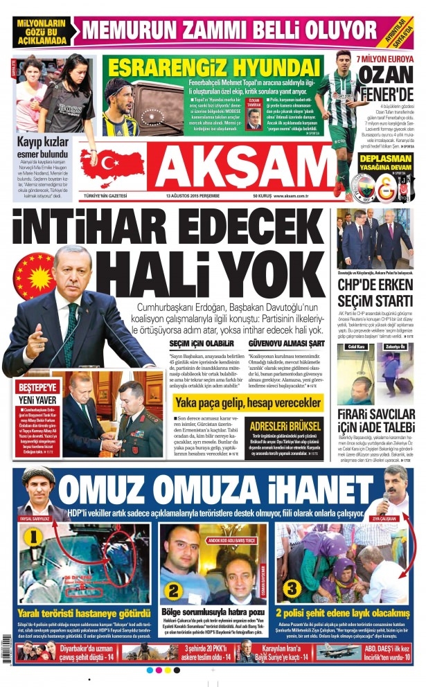 13 Ağustos 2015 gazete manşetleri 1