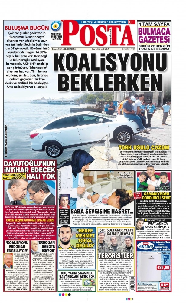 13 Ağustos 2015 gazete manşetleri 13