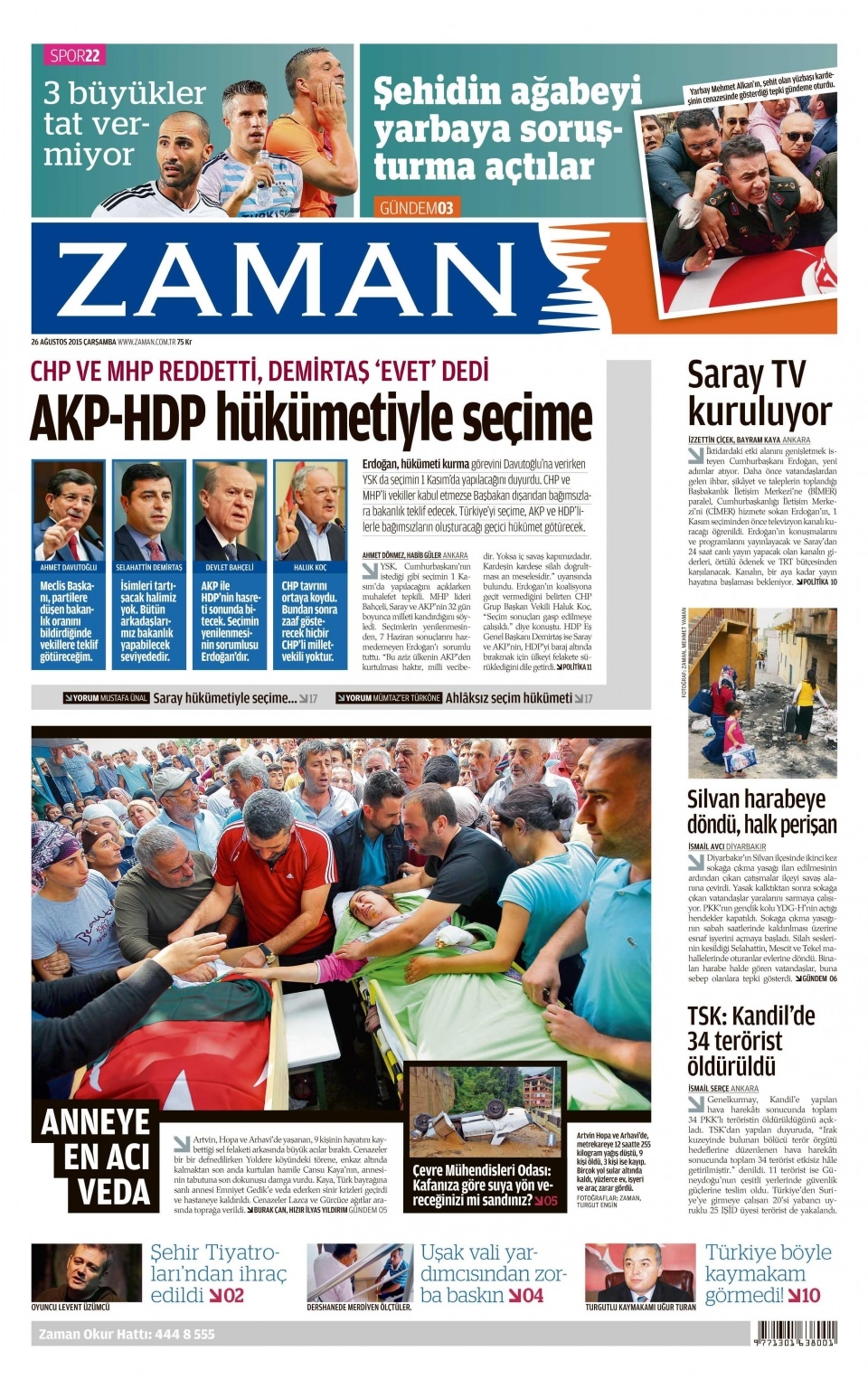 26 Ağustos 2015 gazete manşetleri 24