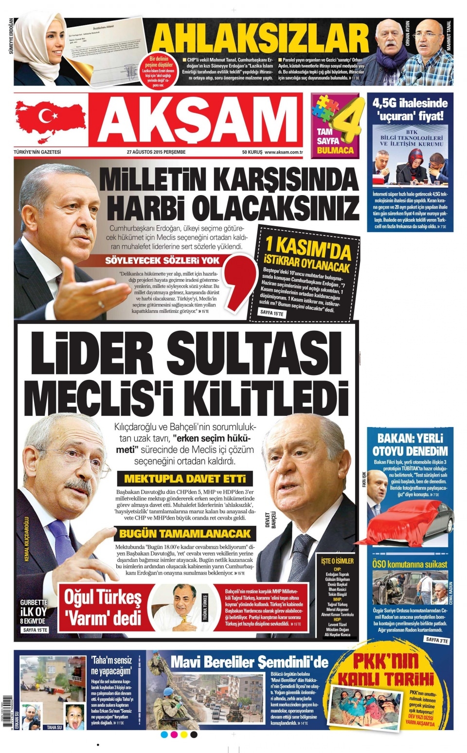 27 Ağustos 2015 gazete manşetleri 1