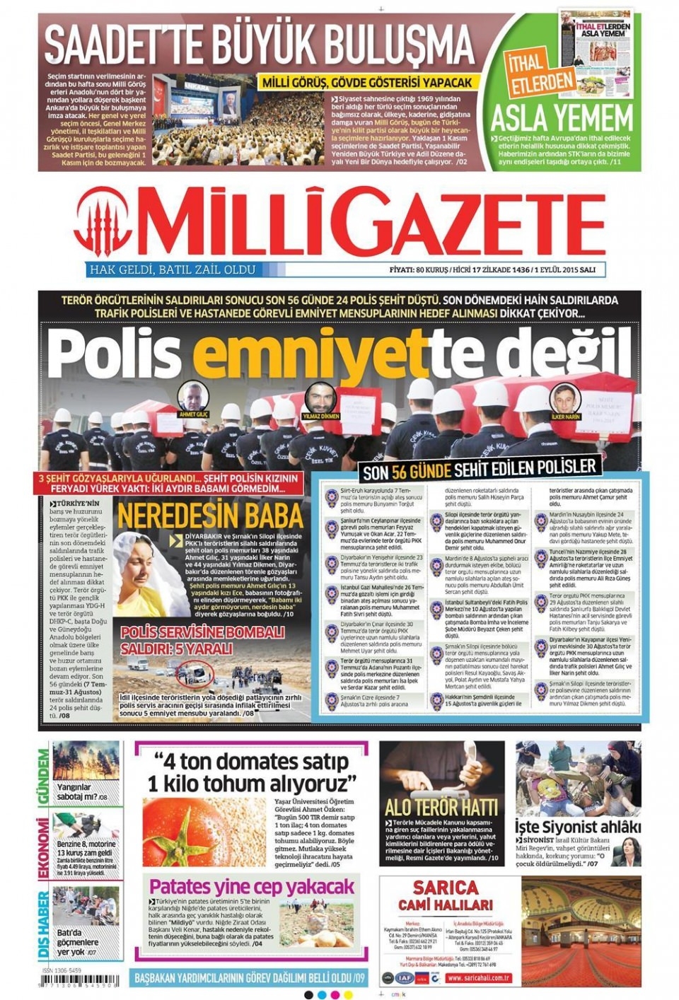 1 Eylül 2015 gazete manşetleri 13