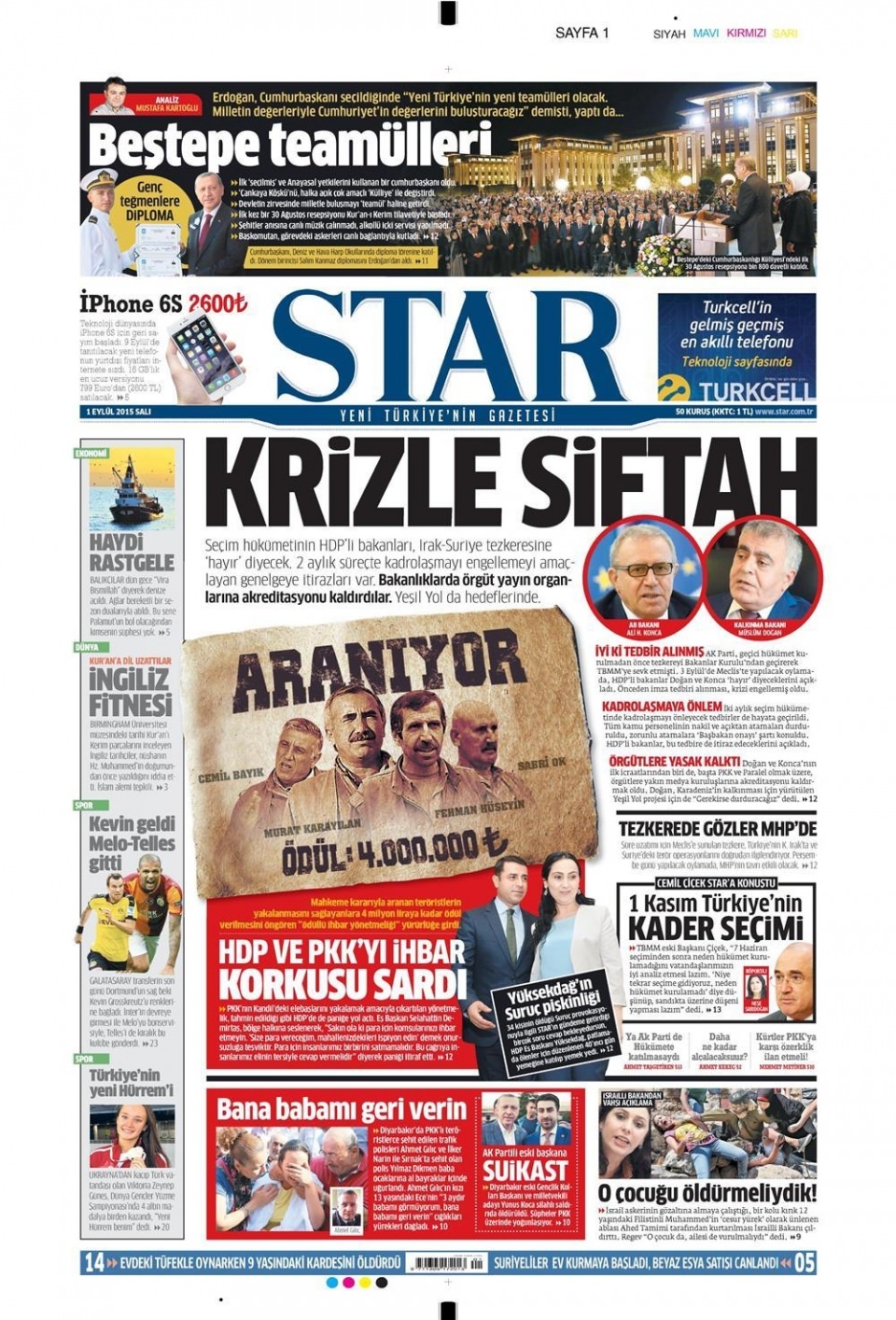 1 Eylül 2015 gazete manşetleri 19