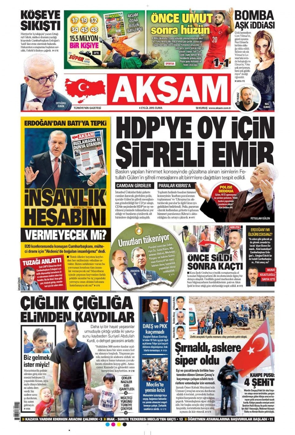 4 Eylül 2015 gazete manşetleri 1