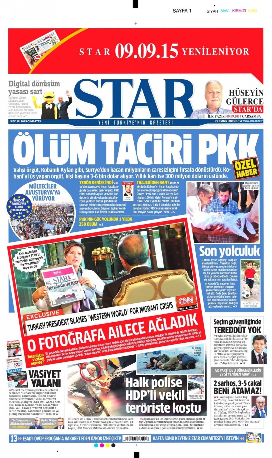 5 Eylül 2015 Cumartesi gününün gazete manşetleri 1