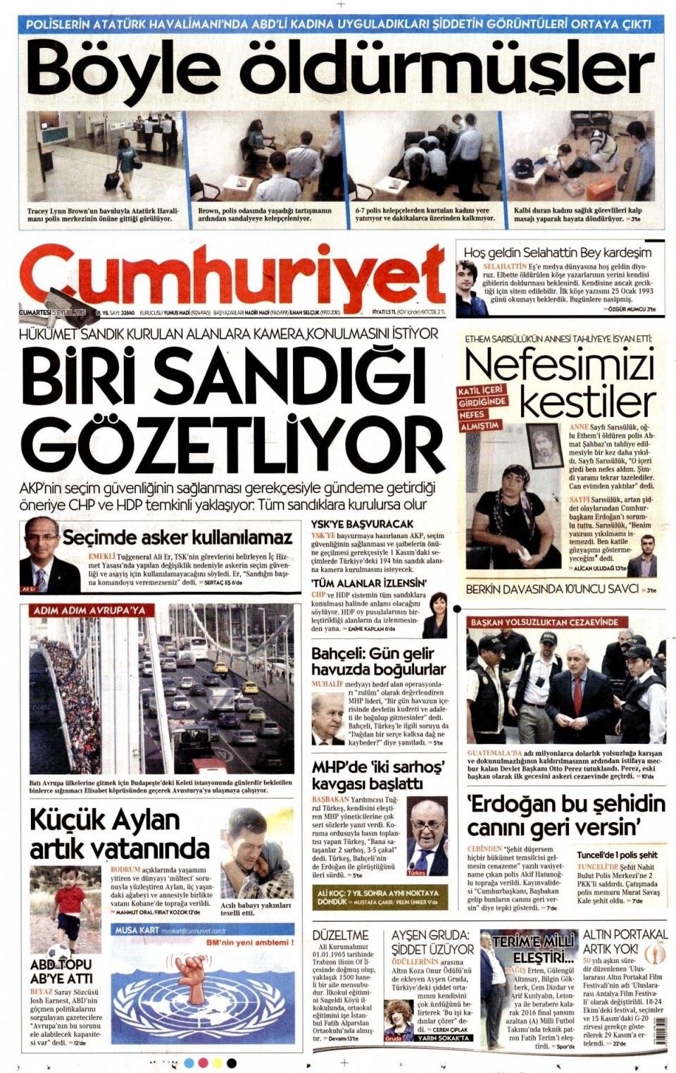 5 Eylül 2015 Cumartesi gününün gazete manşetleri 16