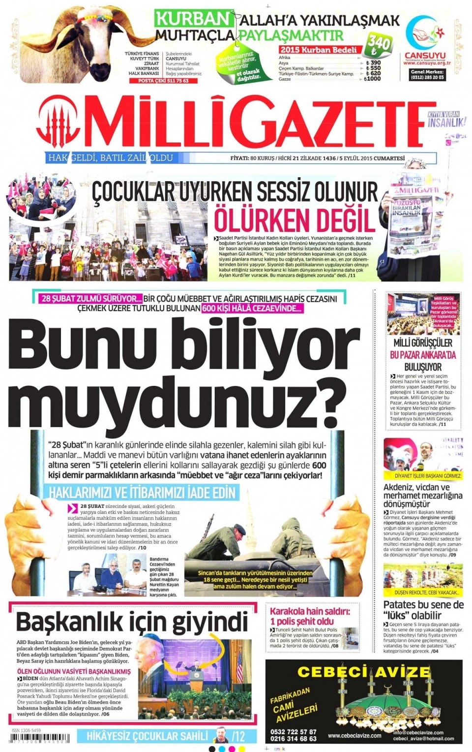 5 Eylül 2015 Cumartesi gününün gazete manşetleri 8