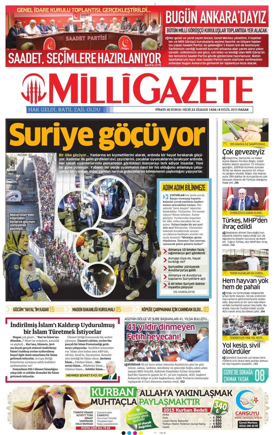 6 Eylül 2015 Pazar gününün gazete manşetleri 9