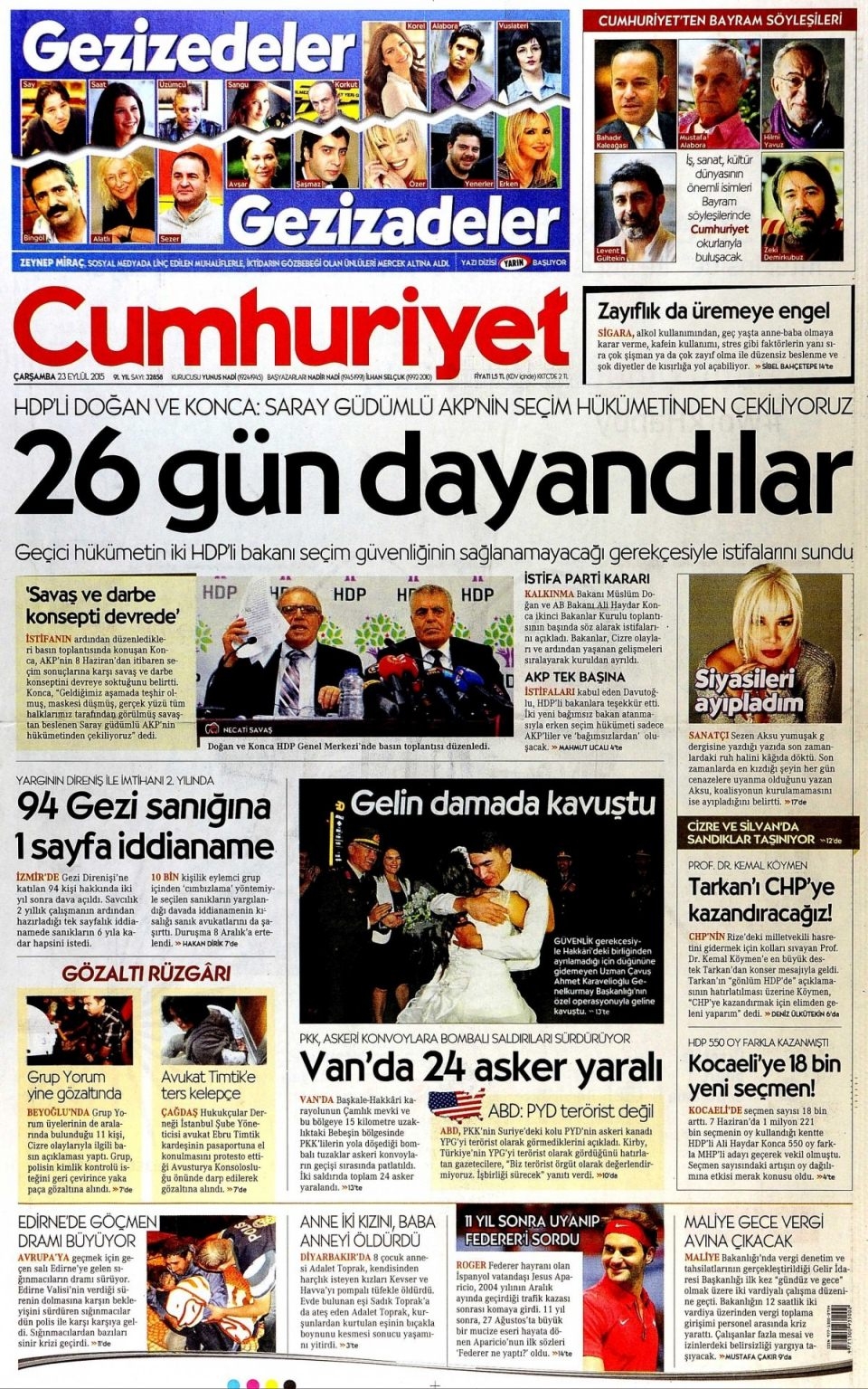 23 Eylül 2015 gazete manşetleri 15