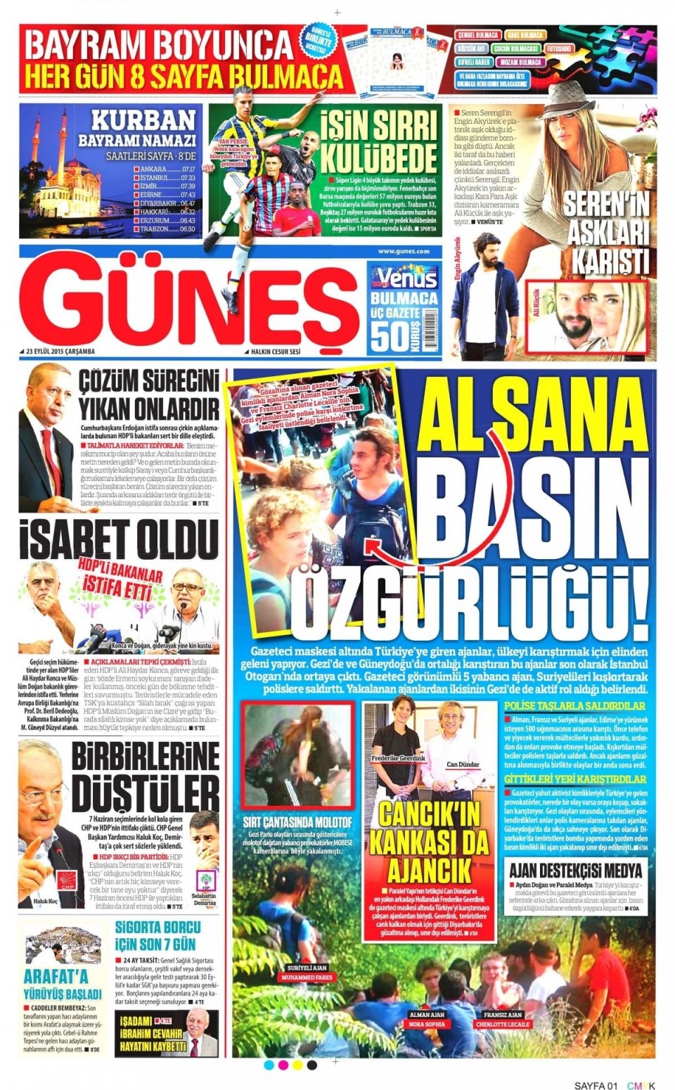 23 Eylül 2015 gazete manşetleri 18